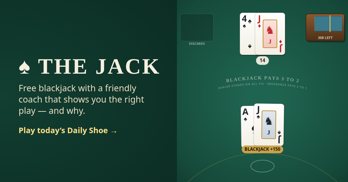A blackjack table with an ace and jack of hearts beside the dealer's up card