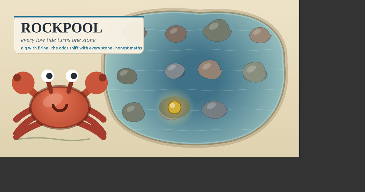 Brine the crab beside a rockpool with a gold coin glowing in one hollow