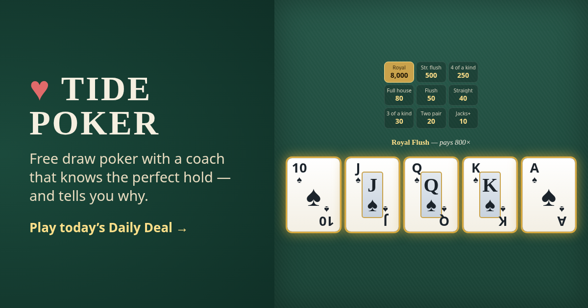 A royal flush in spades fanned on a railed felt table